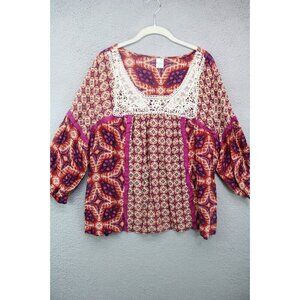Bila Vintage Purple Red Gauzy Tunic-Size XXL-3/4 Puff Sleeves-Boho-Crochet-Y2K